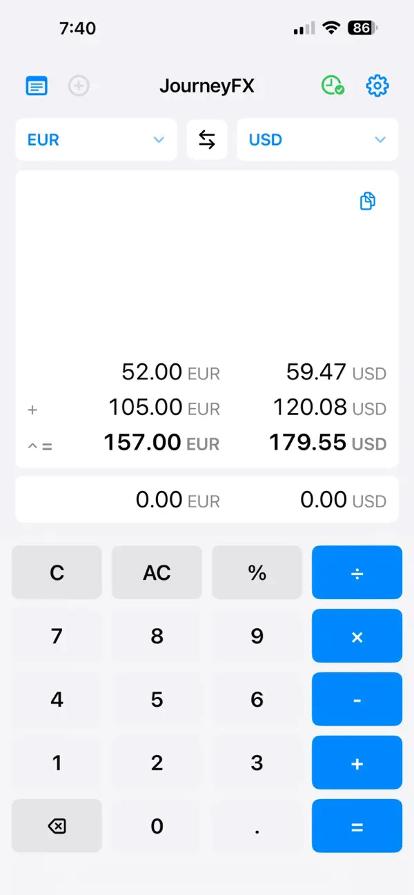 JourneyFX calculator converting euros to US dollars in light mode