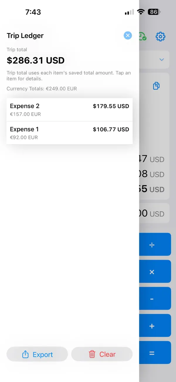 JourneyFX trip ledger showing a trip total and saved expenses