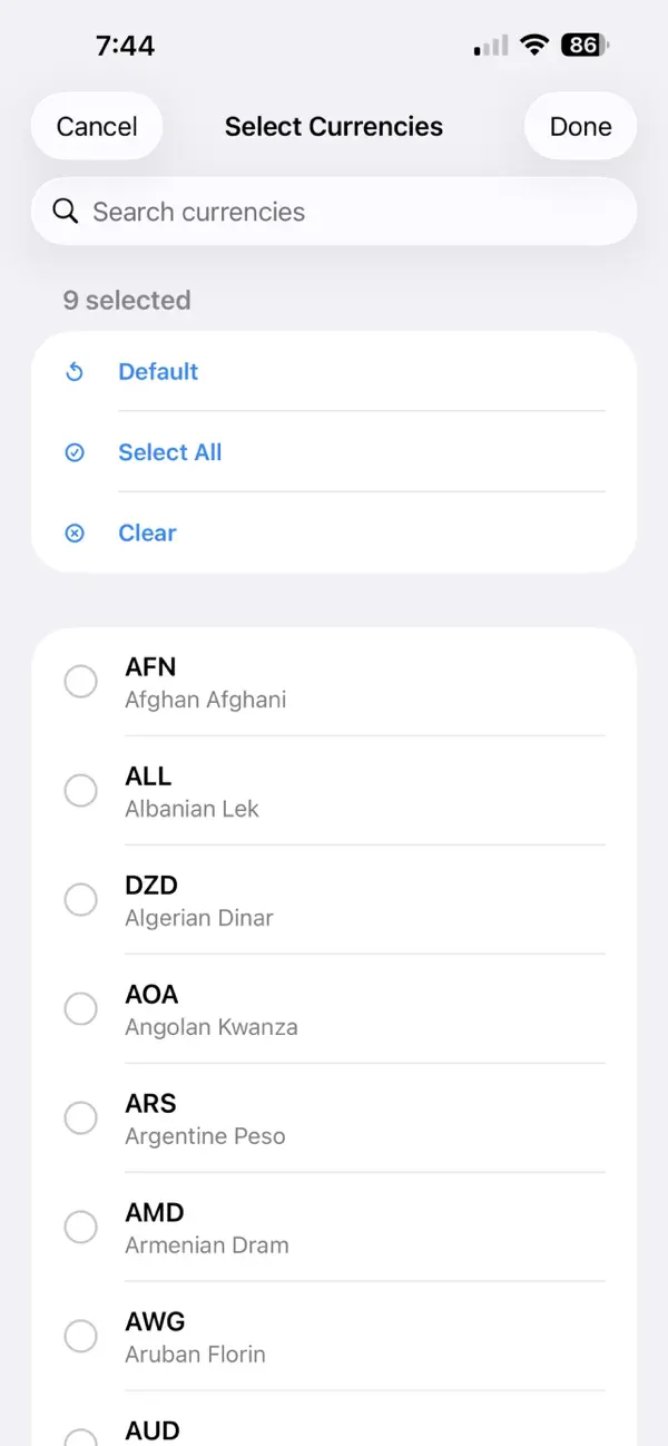 JourneyFX currency selection screen with search and customization controls